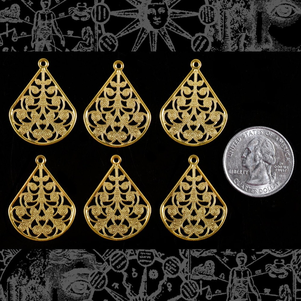 Raw Brass Filigree Teardrop Charms - Three Pairs Mirror Image - XXX - B-C137